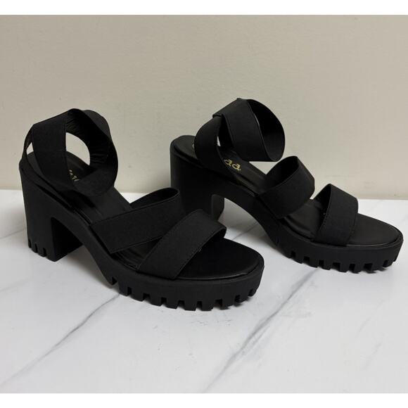 Mudd Womens Y2K Black Platform Block Heel Sandals 8.5 Lug Sole Stretch Straps - Picture 3 of 9